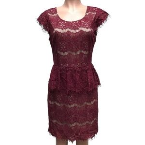 Maeve Womens Red Burgundy Lace Tier Sheath Cocktail Short Sleeve Dress Medium
